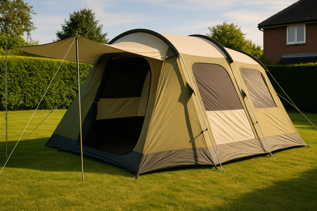 Familienzelt Vergleich für 6 Personen beim Camping auf einer Wiese – ideal für Sommerurlaub mit Kindern