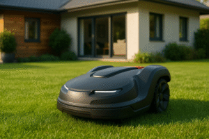 Moderner Rasenmähroboter mäht einen gepflegten grünen Rasen vor einem Einfamilienhaus – Rasenmähroboter Vergleich 2025.