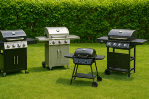 Vier verschiedene Gasgrills unter 300 Euro auf einer gepflegten Rasenfläche vor einer Hecke