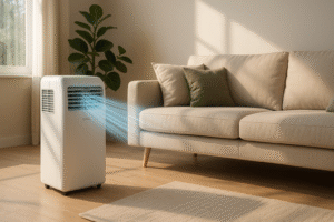 Moderne mobile Klimageräte im Wohnzimmer mit kühlem Luftstrom Modernes mobiles Klimagerät im Wohnzimmer mit kühlem Luftstrom