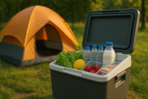 Moderne Kühlboxen mit Kompressor beim Camping im Grünen, gefüllt mit frischen Lebensmitteln – Kühlboxen Vergleich 2025