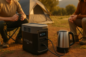 Tragbare Powerstation versorgt Wasserkocher beim Camping vor einem Zelt in der Natur – Powerstation Camping Vergleich 2025