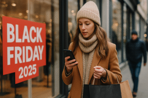 Frau mit Einkaufstüten am Black Friday 2025 in der Stadt