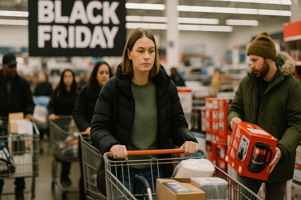 Was ist Black Friday – Alle Fakten einfach erklärt Frau beim Black Friday Einkauf mit vollem Einkaufswagen