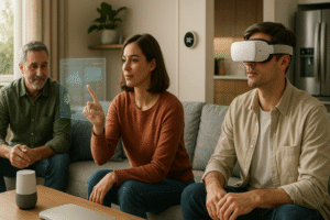 Moderne Wohnzimmerszene mit Technik-Trends 2025: VR, IoT-Geräte und Robotik.