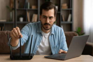 Mann stellt WLAN-Router ein zur Verbesserung des WLAN-Signals zuhause