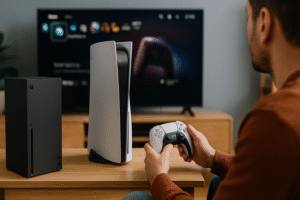 Xbox Series X und PlayStation 5 im Vergleich im Wohnzimmer