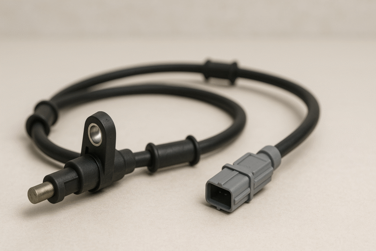 Montierter ABS-Sensor mit Steckverbindung und geführtem Kabel am Radträger