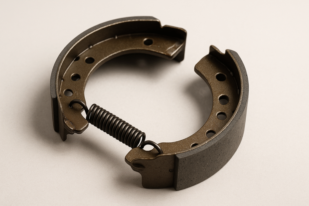 Geöffnete Trommelbremse mit sichtbaren Bremsbacken, Federsatz und Radbremszylinder