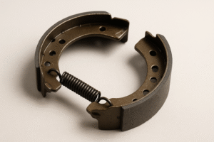 Geöffnete Trommelbremse mit sichtbaren Bremsbacken, Federsatz und Radbremszylinder