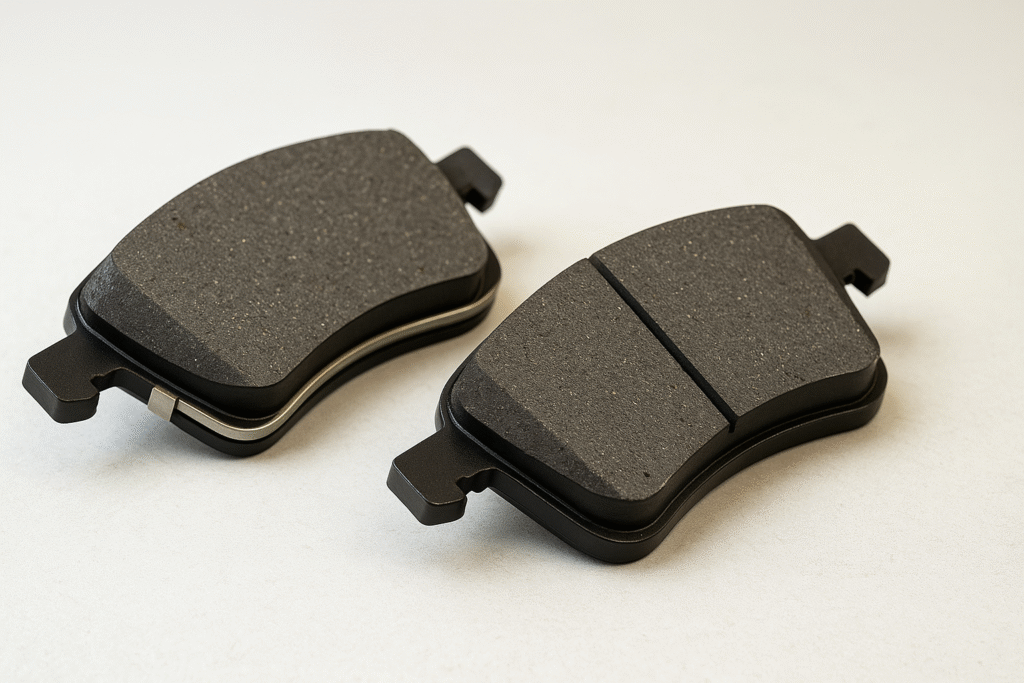 Montierte Bremsbeläge an der Vorderachse mit sichtbarer Bremsscheibe