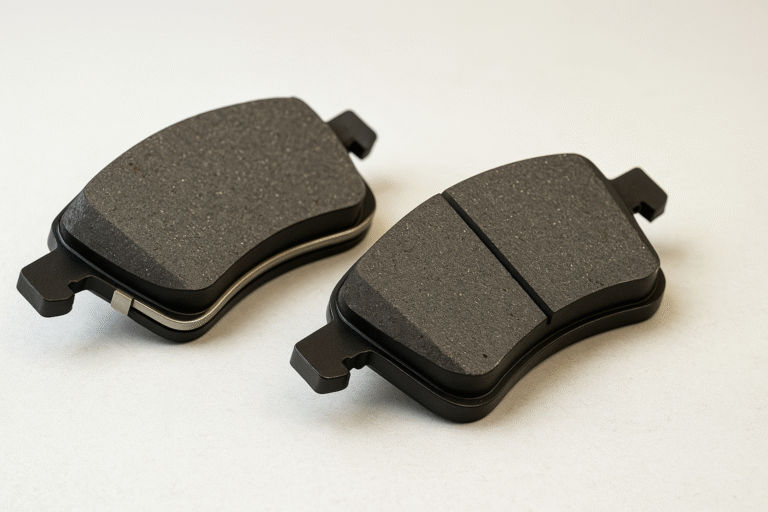 Montierte Bremsbeläge an der Vorderachse mit sichtbarer Bremsscheibe