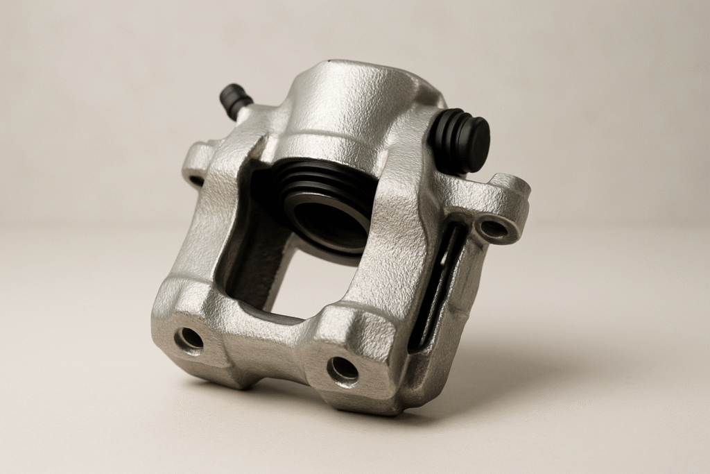 Bremssattel mit sichtbarem Bremskolben und Belägen an einer belüfteten Scheibe