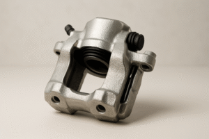 Bremssattel mit sichtbarem Bremskolben und Belägen an einer belüfteten Scheibe