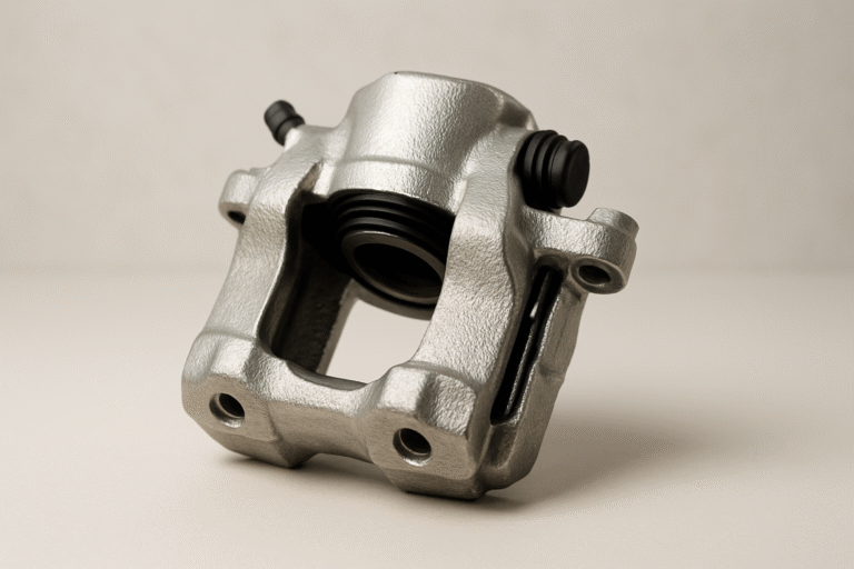 Bremssattel mit sichtbarem Bremskolben und Belägen an einer belüfteten Scheibe