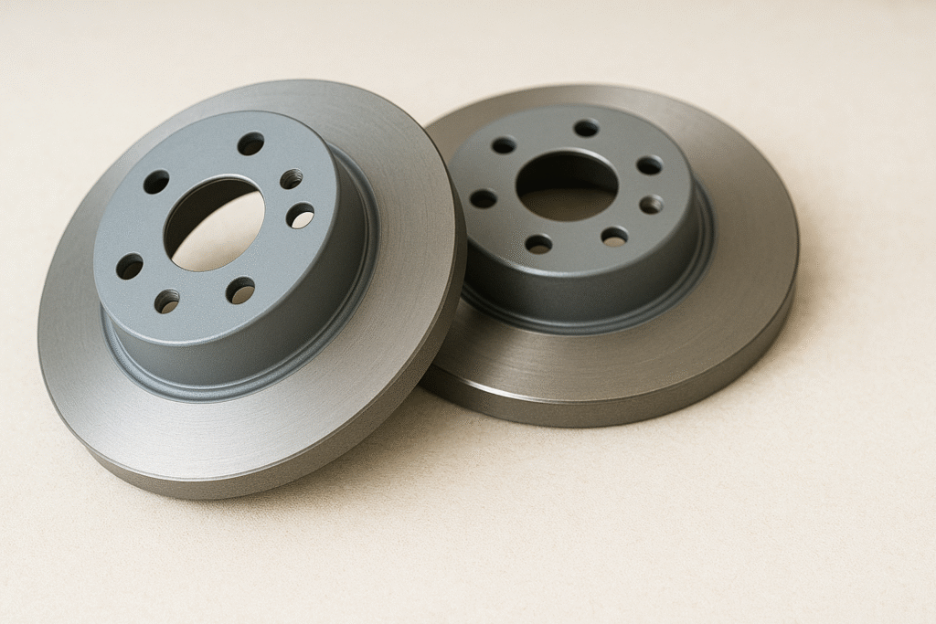 Bremsscheibe hinten an der Radnabe, saubere Anlagefläche und Schrauben sichtbar