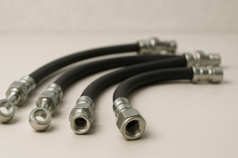 Flexibler Bremsschlauch mit Anschlussfitting und Halteclip am Radträger